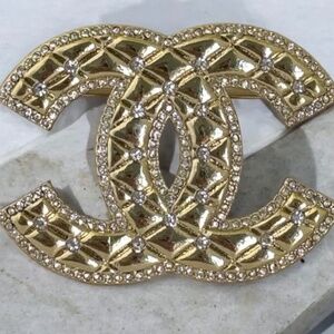 Super Rare Brand New Chanel Gold CC Quilted with Embellished Crystals Brooch